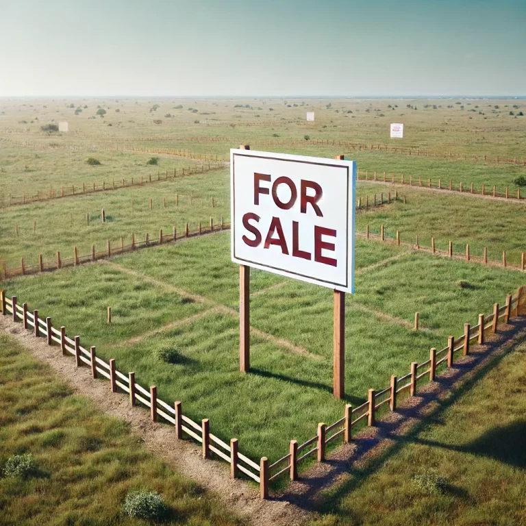 DALL·E 2024-06-14 15.06.12 - A high-resolution 4K image of an empty land for sale. The land is vast, with clear boundaries marked by simple wooden or metal stakes. The ground is f