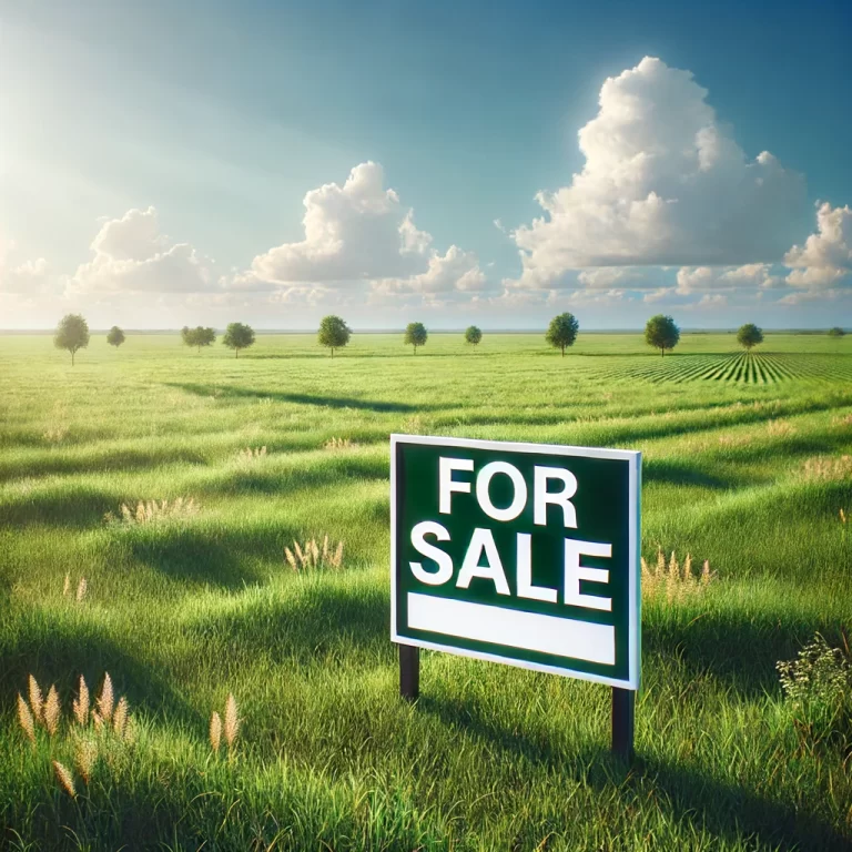 DALL·E 2024-06-14 15.06.58 - A high-resolution 4K image of an empty land for sale. The land is flat and spacious, with green grass covering the ground. In the background, there ar