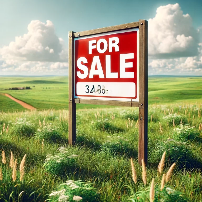 DALL·E 2024-06-14 15.07.10 - A high-resolution 4K image of an empty land for sale. The land is a vast, open field with green grass, clear skies, and a 'For Sale' sign prominently