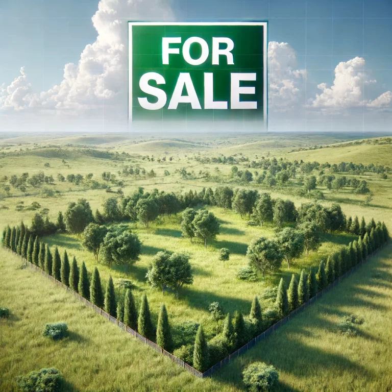 DALL·E 2024-06-14 15.38.38 - A highly realistic image of an empty plot of land for sale. The land is flat and spacious with lush, green grass covering the ground. There are a few